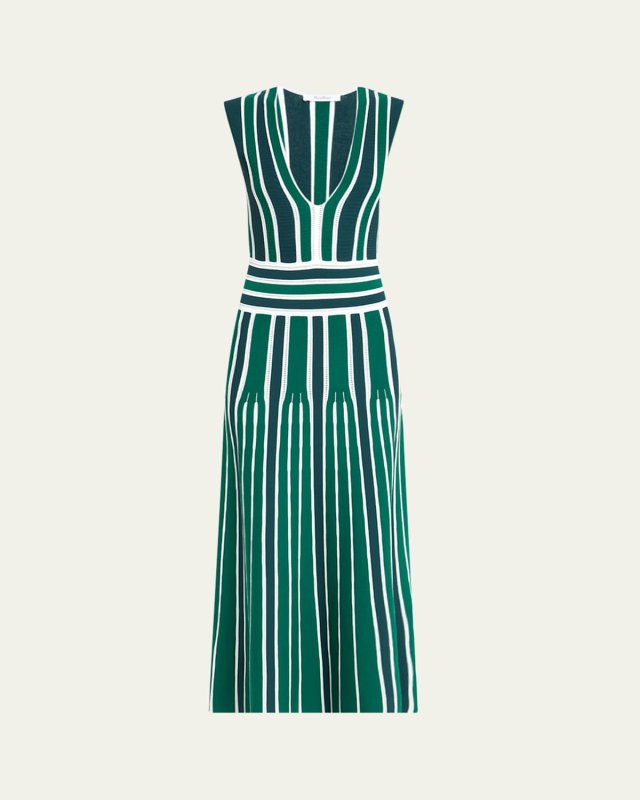 Tallone Plunging Stripe Pleated Knit Midi Dress